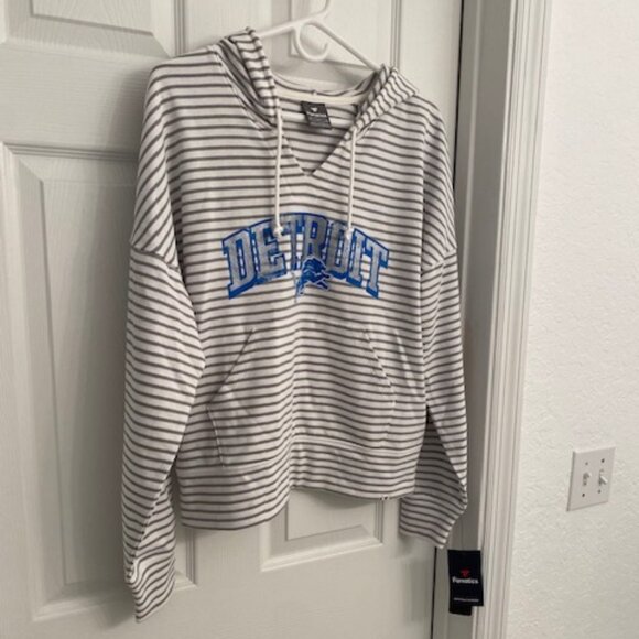 Detroit Lions Fanatics Women's Striped Notch Neck Pullover Hoodie - White/Gray - Picture 2 of 9